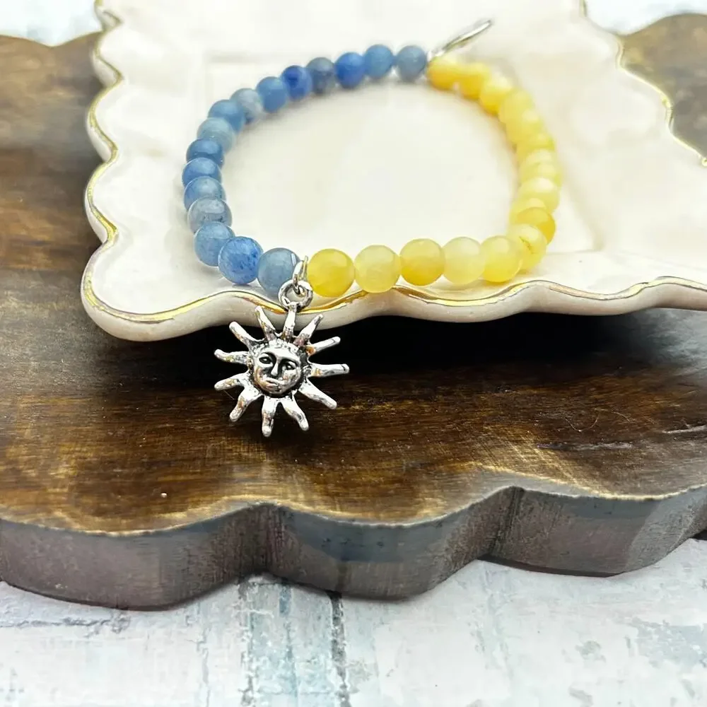 Sun Moon Bracelet Blue Aventurine Yellow Jade Stretch Beaded Celestial Jewelry
